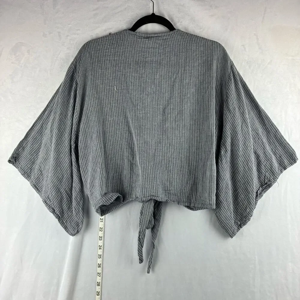 White Crow Buckle Louise Striped Woven Tie Wrap Top Womens Medium Gray 100Cotton